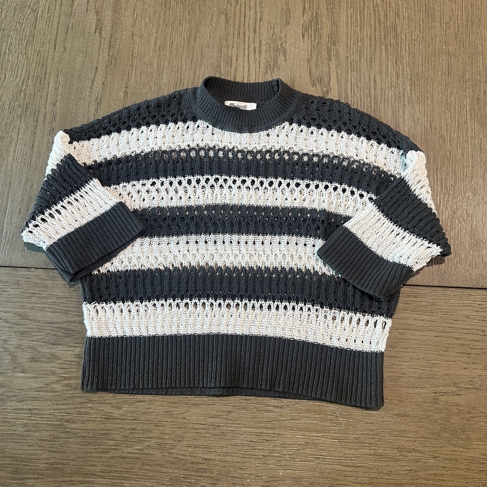 Madewell Open-Stitch Cropped Sweater Tee Charcoal Stripe Size XXS